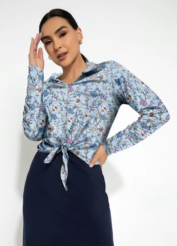 Rosalie - Blusa Floral Azul com Amarração