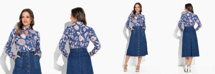Blusa Floral Azul Gola Torcida
