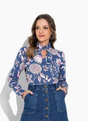 Rosalie - Blusa Floral Azul Gola Torcida - ROSALIE
