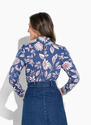 Rosalie - Blusa Floral Azul Gola Torcida - ROSALIE