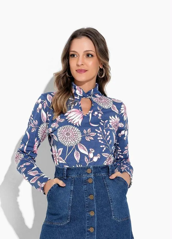 Blusa Floral Azul Gola Torcida - Rosalie