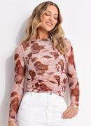 Blusa Floral Bege em Tule
