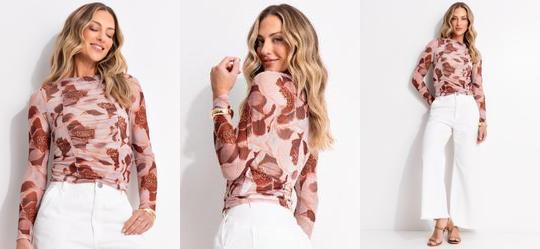 Blusa Floral Bege em Tule