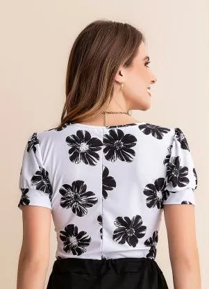 Rosalie - Blusa Floral Branco em Malha Crepe - ROSALIE