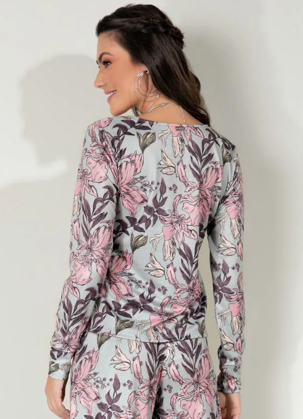 Queima Estoque - Blusa Floral Cinza com Decote V 2