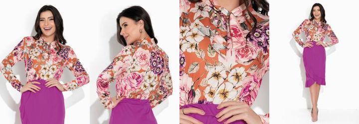 Blusa Floral com Gola La�o