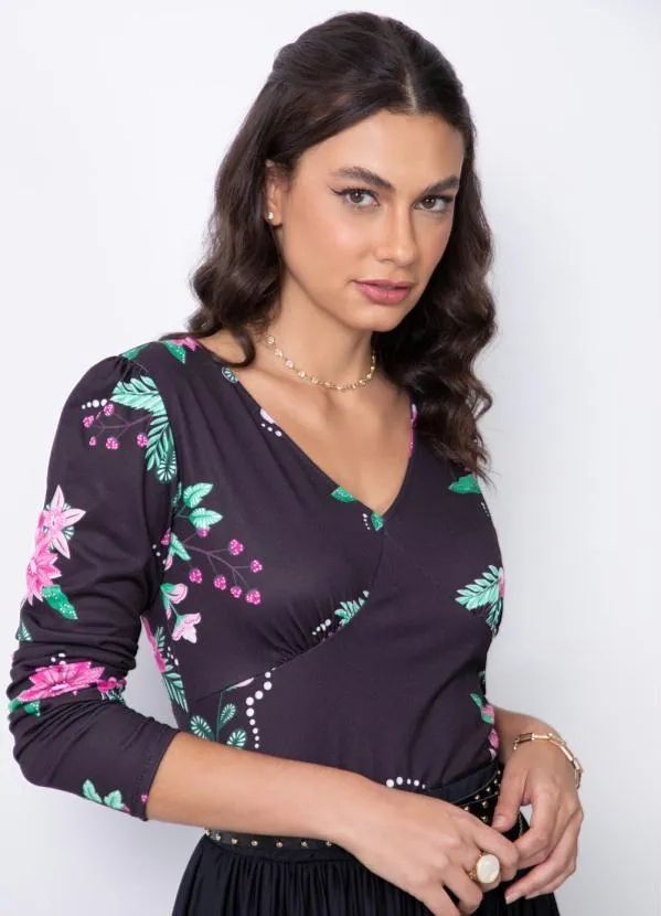 Quintess - Blusa Floral Dark com Mangas Bufantes