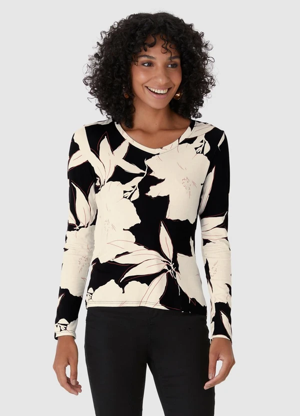 Malwee - Blusa Floral em Malha Preto