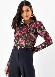 Blusa Floral Folk em Malha de Viscose