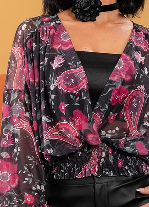 Quintess - Blusa Floral Folk em Tule - QUINTESS