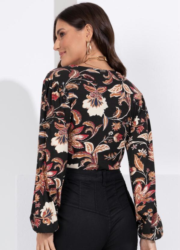 Outlet - Blusa Floral Folk Mangas Longas e Laço Costas 2