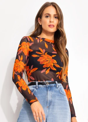 Quintess - Blusa Floral Laranja em Tule - QUINTESS