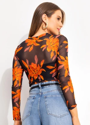 Quintess - Blusa Floral Laranja em Tule - QUINTESS