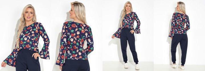 Blusa Floral Marinho com Mangas Longas e Babado