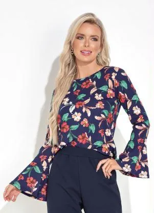 Moda Pop - Blusa Floral Marinho com Mangas Longas e Babado - MODA POP