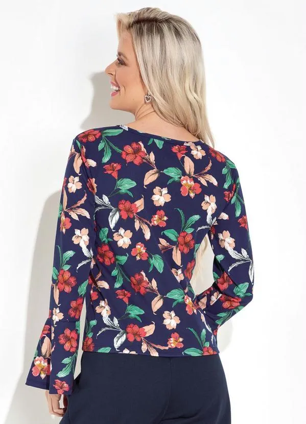 Moda Pop - Blusa Floral Marinho com Mangas Longas e Babado 2