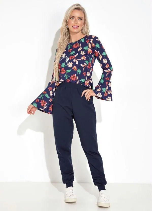 Moda Pop - Blusa Floral Marinho com Mangas Longas e Babado 3