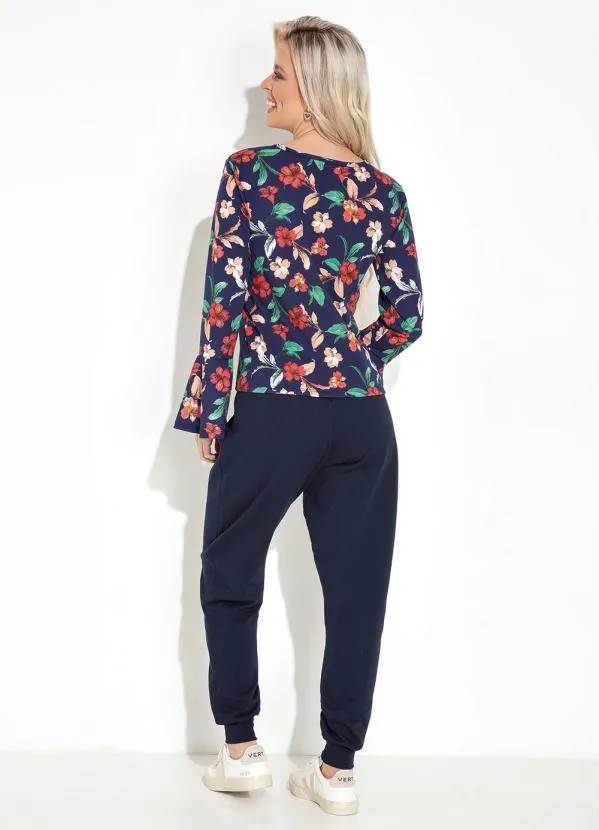 Moda Pop - Blusa Floral Marinho com Mangas Longas e Babado 4