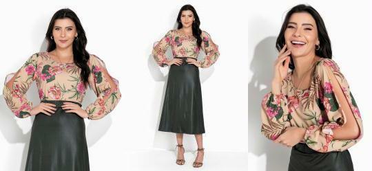 Blusa Floral Nude com Manga