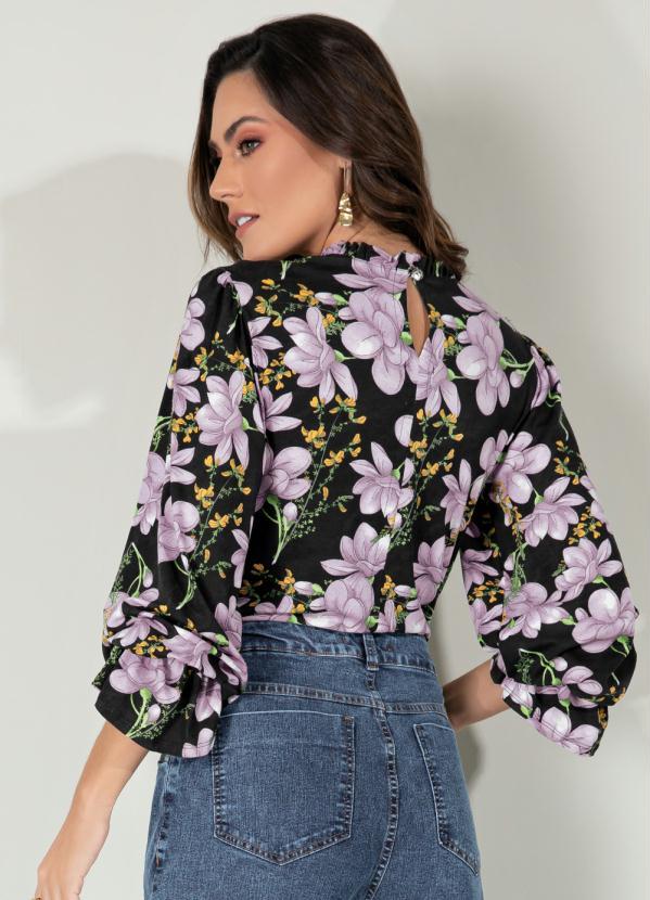 Outlet - Blusa Floral Preto com Babados e Gota Costas 4