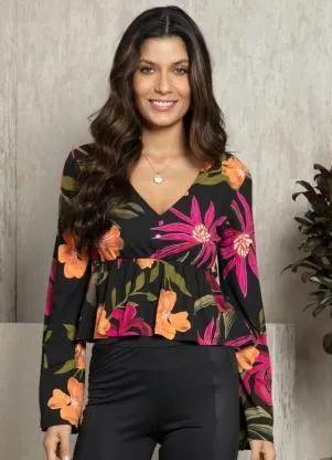 Quintess - Blusa Floral Preto com Botões Decorativos - QUINTESS