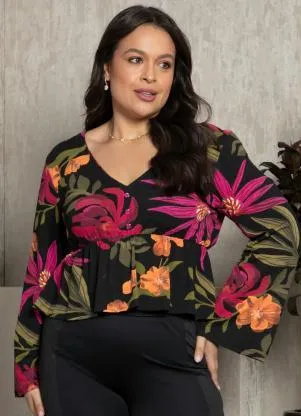 Quintess - Blusa Floral Preto com Botões Decorativos - QUINTESS
