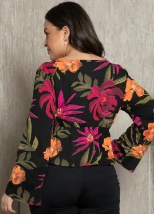 Quintess - Blusa Floral Preto com Botões Decorativos - QUINTESS