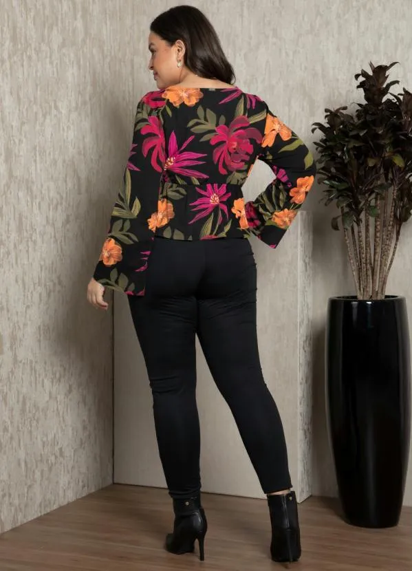 Quintess - Blusa Floral Preto com Botões Decorativos 10