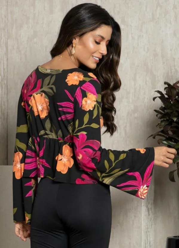 Quintess - Blusa Floral Preto com Botões Decorativos 2