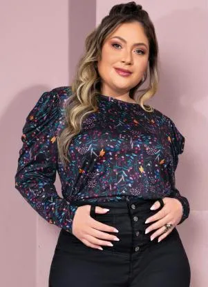 Quintess - Blusa Floral Preto com Mangas Bufantes - QUINTESS
