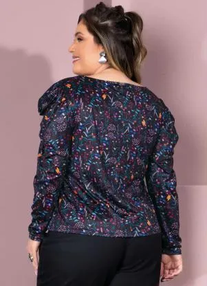Quintess - Blusa Floral Preto com Mangas Bufantes - QUINTESS