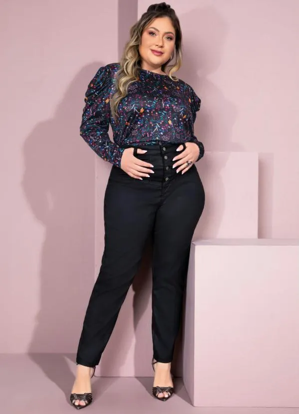 Quintess - Blusa Floral Preto com Mangas Bufantes 8