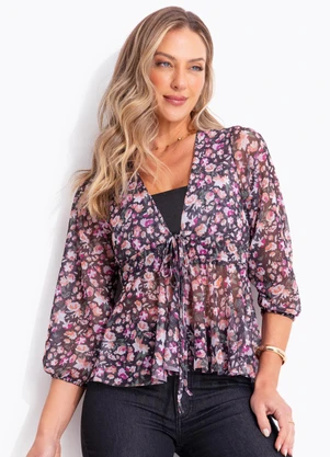 Quintess - Blusa Floral Preto em Tule - QUINTESS