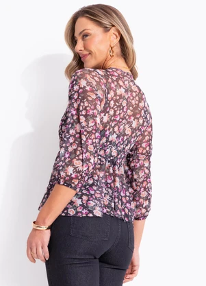 Quintess - Blusa Floral Preto em Tule - QUINTESS