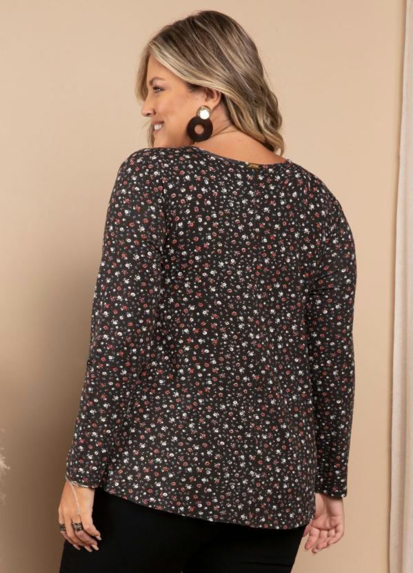 Quintess - Blusa Floral Preto Mullet com Mangas Longas 6