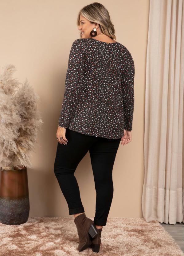 Quintess - Blusa Floral Preto Mullet com Mangas Longas 8
