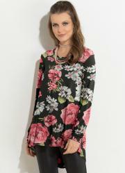 Blusa Floral Preto Mullet com Mangas Longas