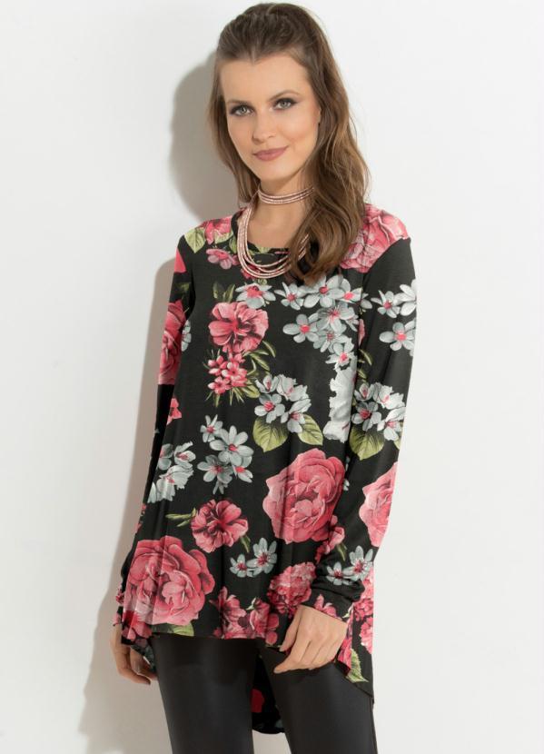 Blusa (Floral Preto) Mullet com Mangas Longas