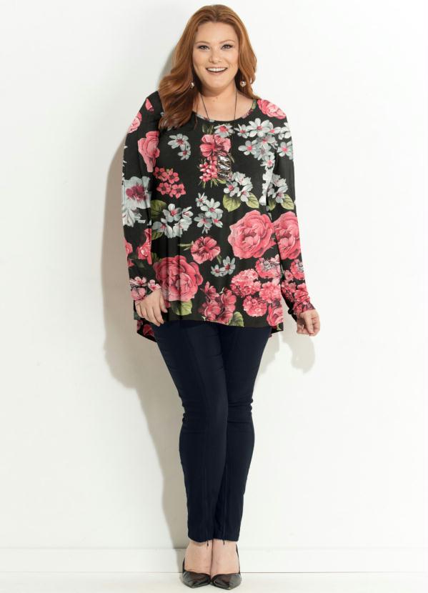 Quintess - Blusa Floral Preto Mullet com Mangas Longas 7
