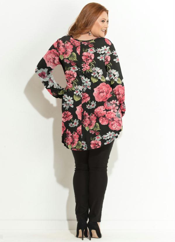 Quintess - Blusa Floral Preto Mullet com Mangas Longas 8