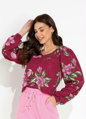 Blusa (Floral Prpura) com Mangas Bufantes