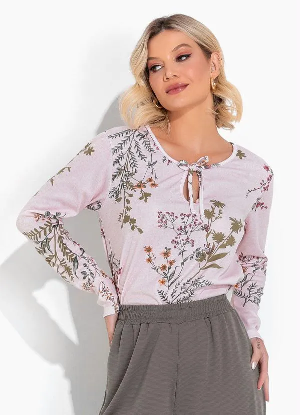 Moda Pop - Blusa Floral Rosa com Decote Redondo