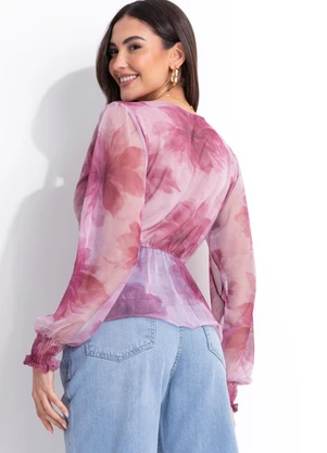 Quintess - Blusa Floral Rosa em Tule - QUINTESS