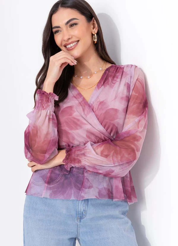 Quintess - Blusa Floral Rosa em Tule