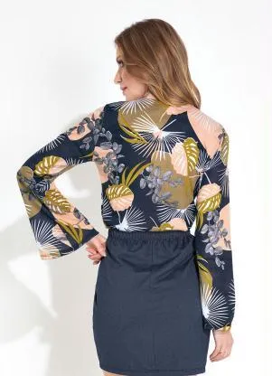 Moda Pop - Blusa Folhagem Marinho com Manga Longa Ampla - MODA POP