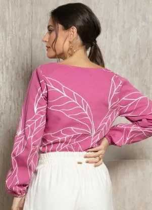 Quintess - Blusa Folhagem Rosa Mangas Longas - QUINTESS