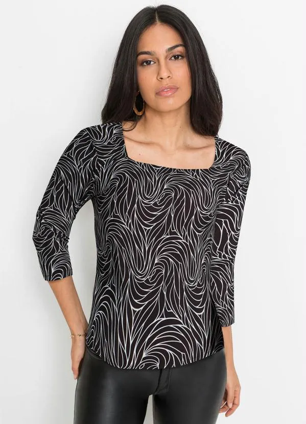 bonprix Blusa Folhas Abstrato em Crepe Plano