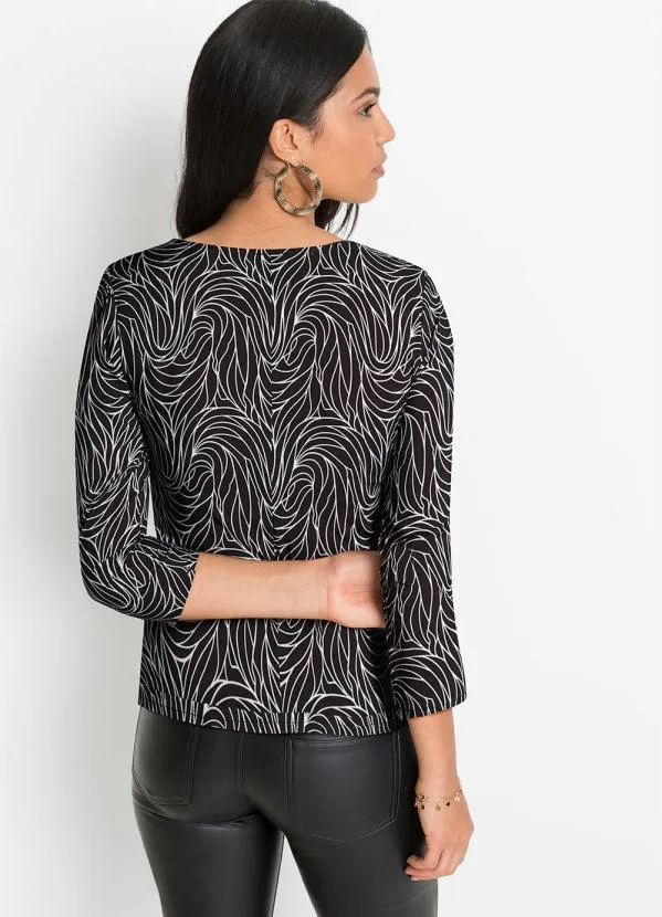 bonprix - Blusa Folhas Abstrato em Crepe Plano