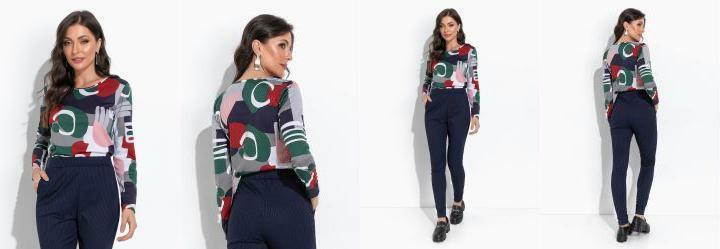 Blusa Geomtrica Cinza com Mangas Longas