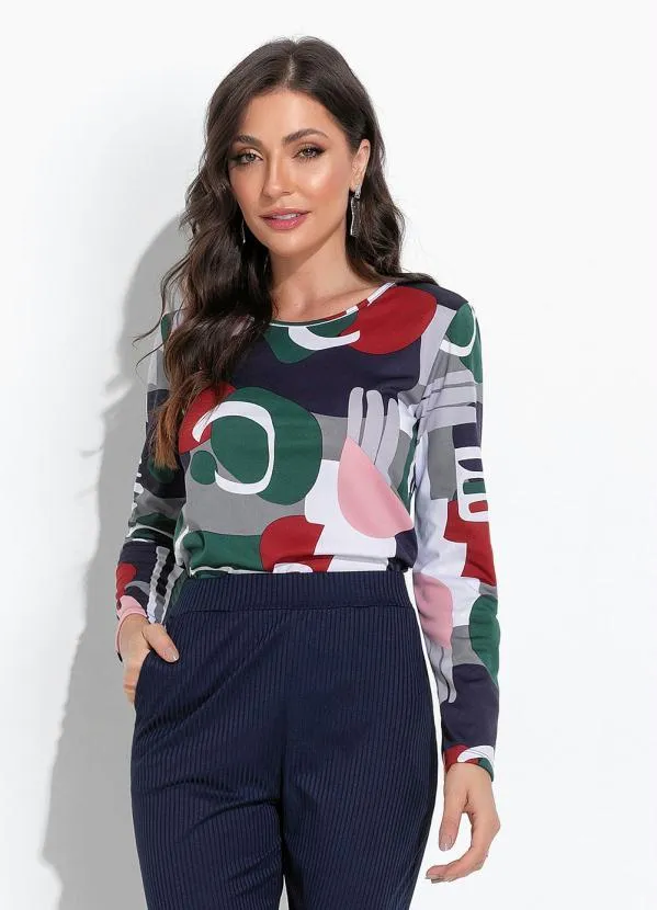 Moda Pop - Blusa Geométrica Cinza com Mangas Longas